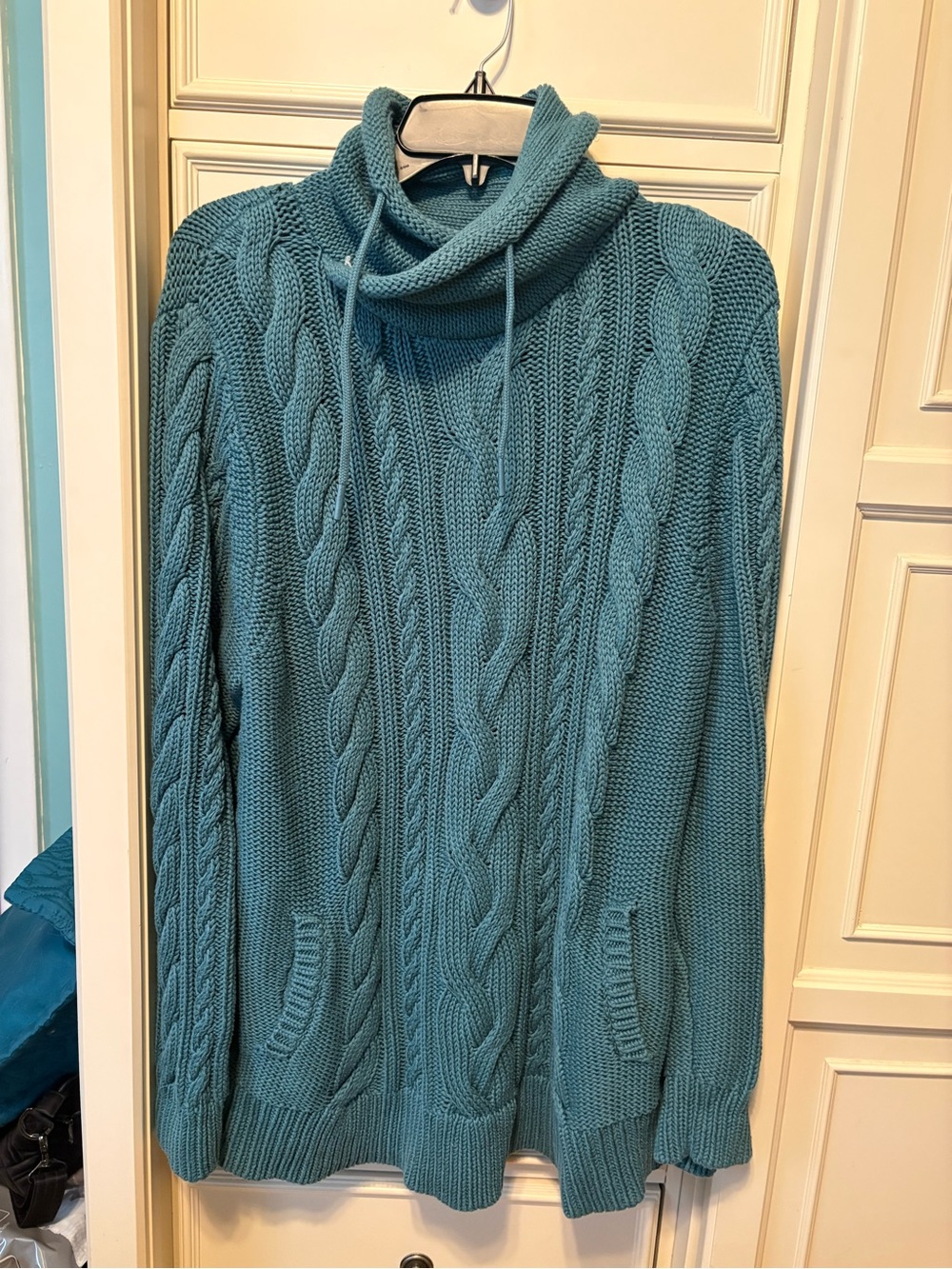 L.L. Bean Teal Cable-Knit Cowl Neck Sweater